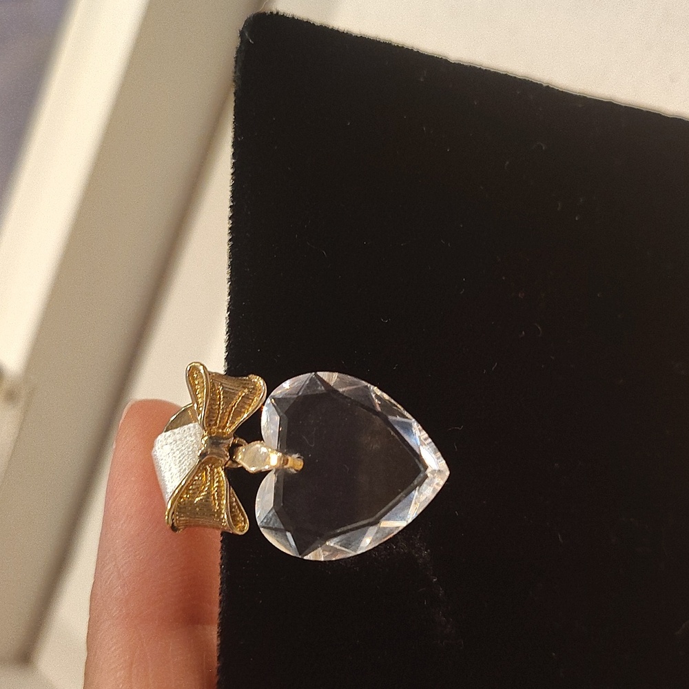 Vintage Crystal Avon  Dangle Heart Bow  Brooch Pin
